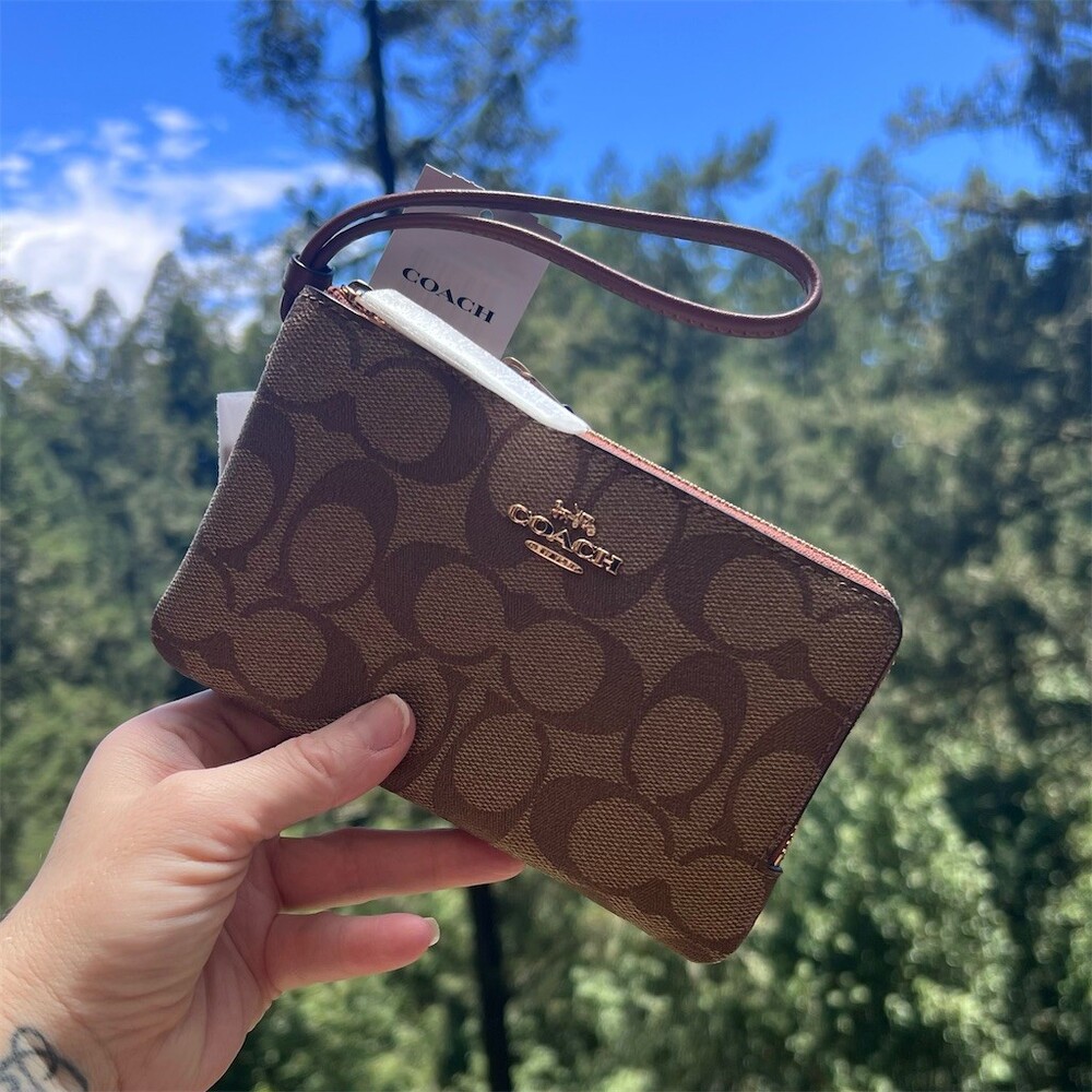 COACH Signature Canvas Wristlet Wallet AUTHENTIC Khaki/Redwood Brown w Gold NWT